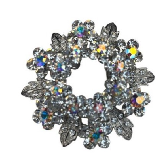 Vintage Aurora Borealis Rhinestone Flower Brooch Silver-Tone 2" Diameter - Picture 1 of 8